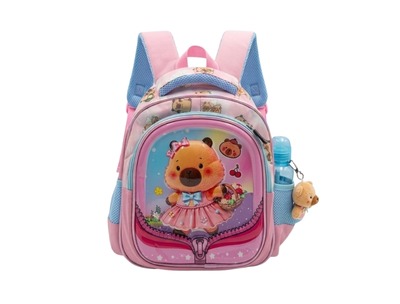 3D Kids Preschool Bag - Double Pocket - Zip Design - Bear Design Pink (12H x 10L x 5W)