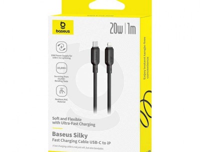 Baseus Silky Type-C to Ip Charging Cable PD20W (1M) 10000 Bending- Black