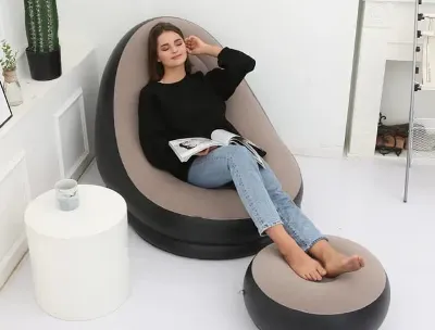 2-in-1 Blue/Black Lounge Sofa Bed Set, Folding Portable Inflatable Lazy Flocking Recliner Chair with Footstool and Air Pump