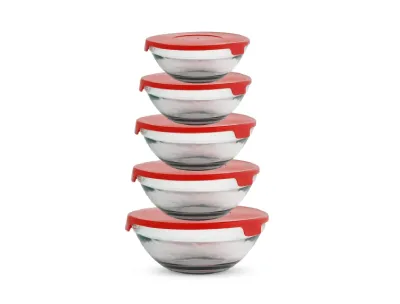 Red Cherry Glass Bowl Set 5 pieces with Plastic Lid