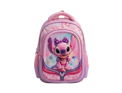 3D Kids Preschool Bag - Double Pocket - Zip Design - Stitch Pink (12H x 10L x 5W)
