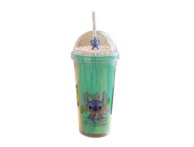 Stitch Design Colorful Crystal Ice Cup Water Bottle with Straw- Green - 650ml