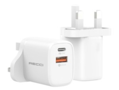 Recci 20W Fast Charger with Dual Outputs (USB-A and USB-C).