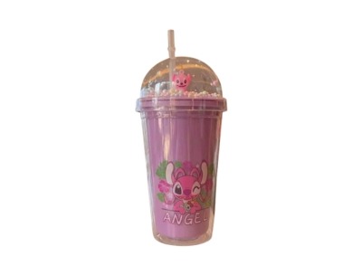 Stitch Design Colorful Crystal Ice Cup Water Bottle with Straw- Purple - 650ml