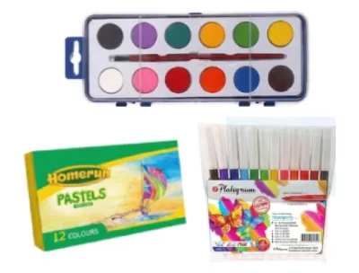 Painting Bundle (Platignum 12Pcs, Oil Pastels 12Pcs & Water Colours 12 Set with Art Brush)