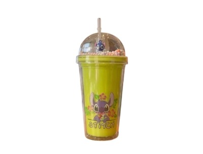 Stitch Design Colorful Crystal Ice Cup Water Bottle with Straw- Light Green - 650ml