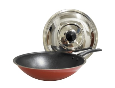 Orange Non-Stick Chinese Wok with Stainless Steel Lid - 32 cm