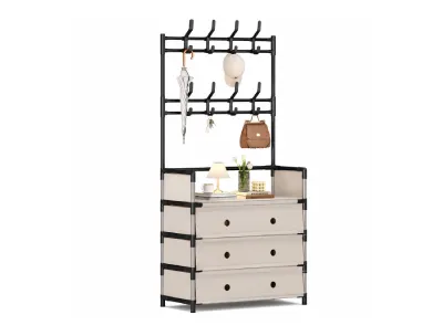 5-Tier Coat and Shoe Rack with Dust Cover - Metal Hall Tree Organizer with 8 Hooks