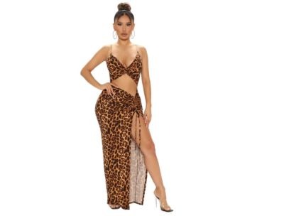 Leopard Printed Front Knot Detailed Maxi Dress
