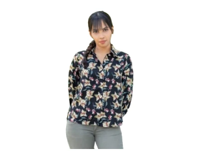 Floral Print Front Button Shirt Blouse - Black