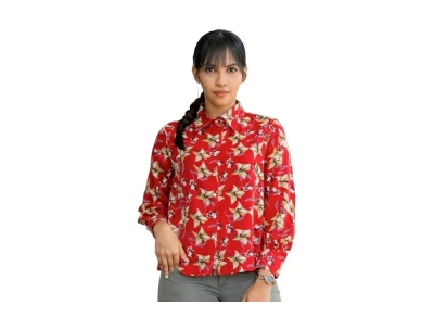 Floral Print Front Button Shirt Blouse - Red