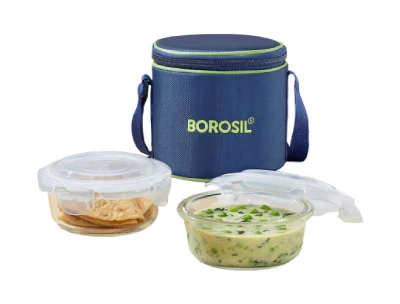 Borosil Blue Glass Lunchbox Round - 400ml x 2