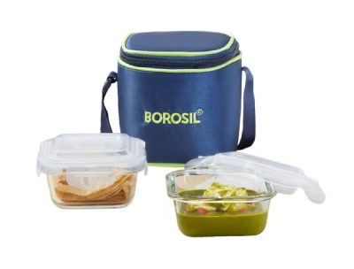 Borosil Blue Glass Lunchbox Square x 2 - Tall 320ml x 2