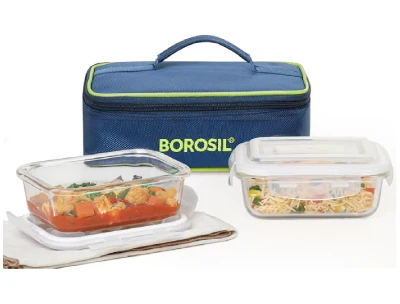 Borosil Blue Glass Lunchbox Rectangular 370ml