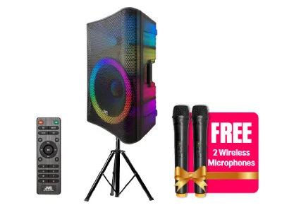 JVC Party Speaker 2000W PMPO with 2 Wireless Mics & Tripod + Remote - Black