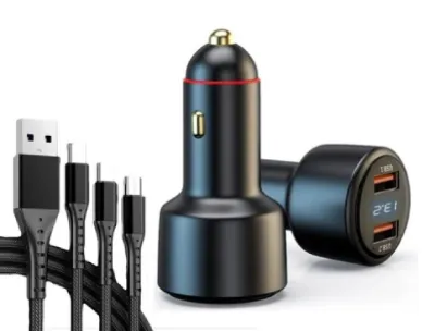 High Voltage Fast Charging Vehicle Charging Adapter With 03 In One Cable (type - C, Micro USB, iPhone Lightning)