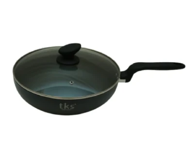 TKS 28cm Wok Long Handle Hard Anodized Material 3mm Thickness Induction Bottom Glass Lid