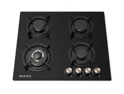 Bravuz 4 Burner Black Glass top Gas Cooker Hob with Flame Failure Device
