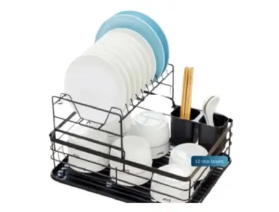 Double-Layer Dish Drying Rack with Utensil Holder – Black
