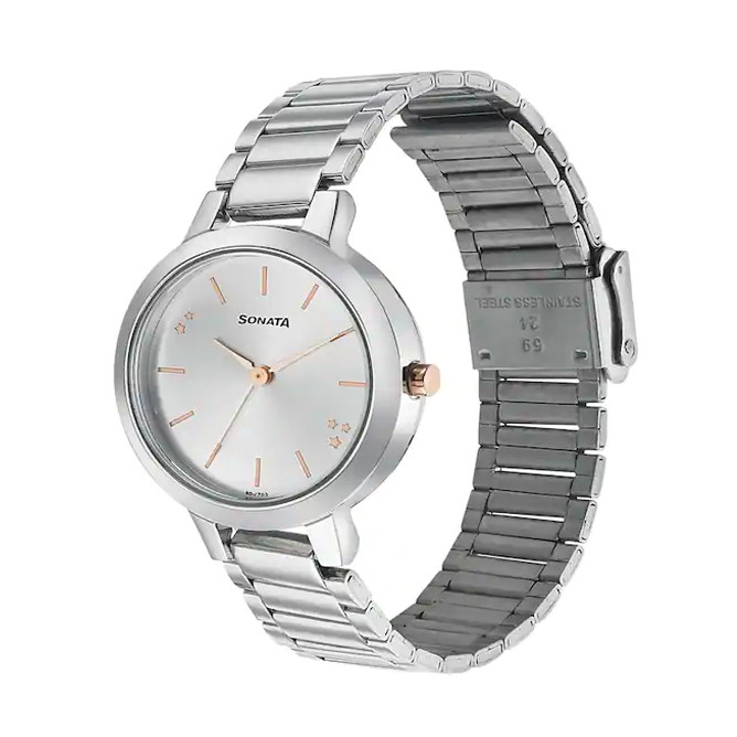 Sonata Quartz Play With Silver Dial Stainless Steel Strap Women s